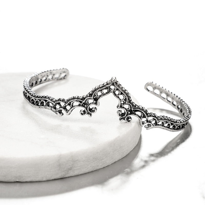 Ethnic Flower Alloy Open Bracelet Gold Sliver Crown Hallow Bracelet For Women