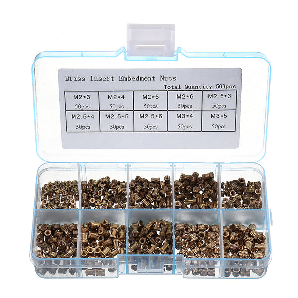Suleve MXBN2 500Pcs M2/M2.5/M3 Metric Threaded Brass Knurl Round Insert Nut Assortment Set