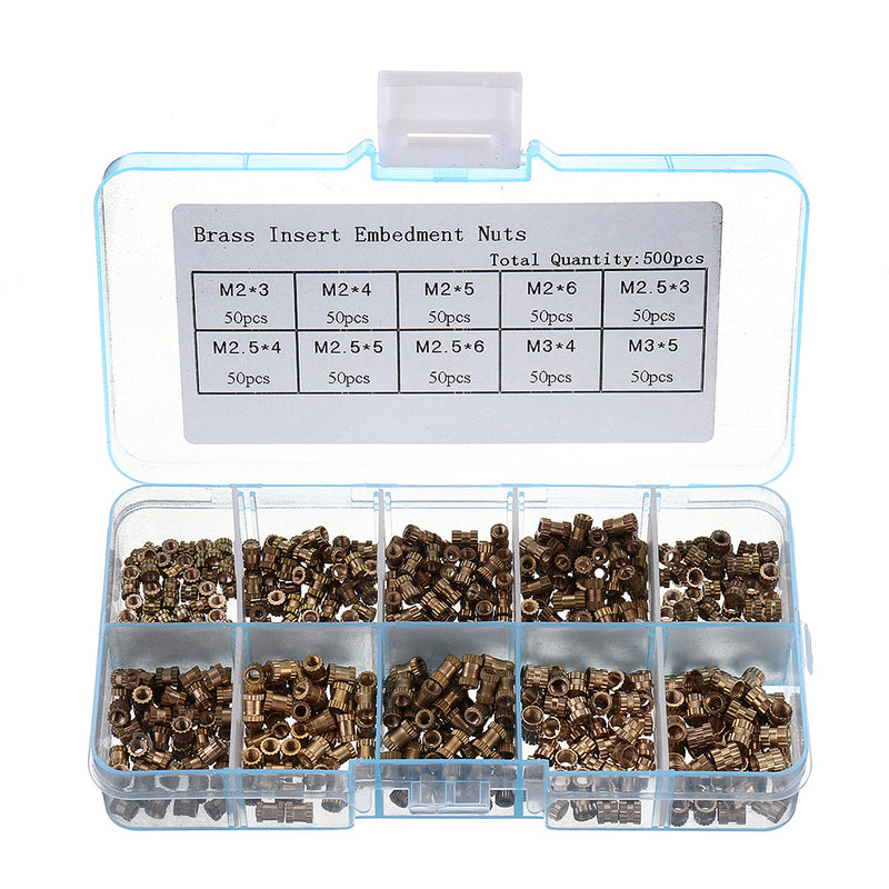 Suleve MXBN2 500Pcs M2/M2.5/M3 Metric Threaded Brass Knurl Round Insert Nut Assortment Set