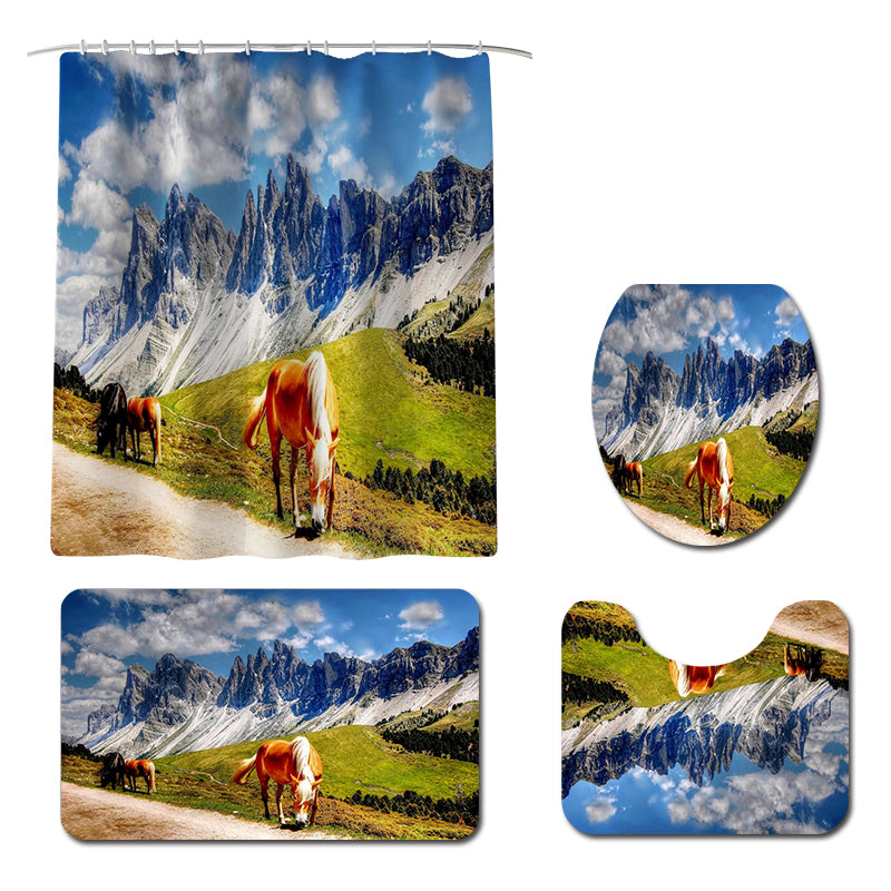 Honana 4PCS Bathroom Waterproof Shower Curtain Bathroom Bath Mat Toilet Seat Cover Pedestal Rug