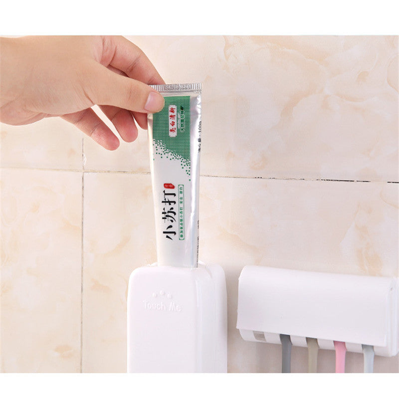 1 Set Creative Automatic Toothpaste Dispenser with Toothbrush Holder Bathroom Water Resistant Sticky Toothpaste Squeezer