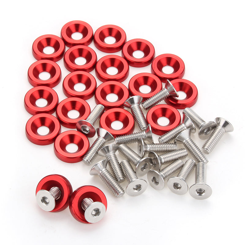 20Pc M6 Billet 6061 Aluminum Bumper Washer with Bolt Red