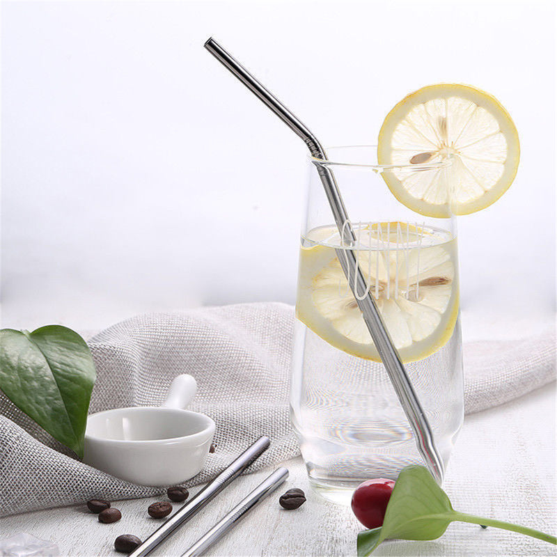 Stainless Steel Metal Drinking Straw Reusable Juice Pipe + Cleaner Brush + Box