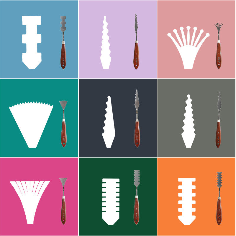H&B HB-AJ09 9 Pcs Toning Scrapers Stainless Steel Painting Scraper Spatula Wood Handle Art Supplies for Artist Canvas Oil Paint Pigment Mixing Palettes Tools