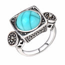 Fashion Blue Turquoise Crystal Finger Ring Geometric Antique Silver Rings Ethnic Jewelry