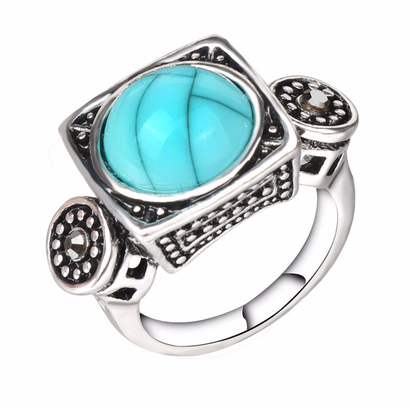 Fashion Blue Turquoise Crystal Finger Ring Geometric Antique Silver Rings Ethnic Jewelry