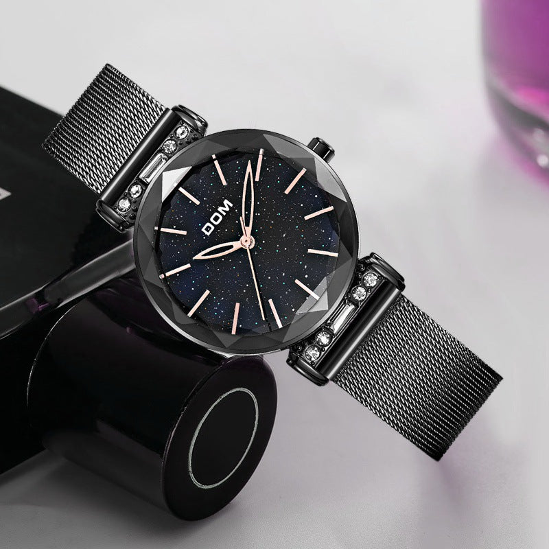 DOM G-1245BK Fashion Women Watch Starry Sky Dial Hardlex Glass Stainless Steel Straps Quartz Watch