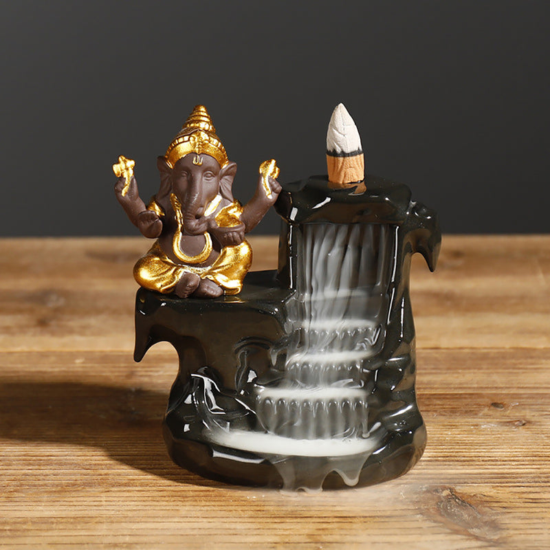 Backflow Incense Burner Ceramic Waterfall Smoke Lucky Elephant Incense Burner Holder for Home Decor Yoga Office Ornament with 10 Free Incense Cones