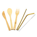 6Pcs/set Bamboo Wooden Cutlery Fork Spoon Cutter Straw Brush Flatware Tableware Camping Picnic