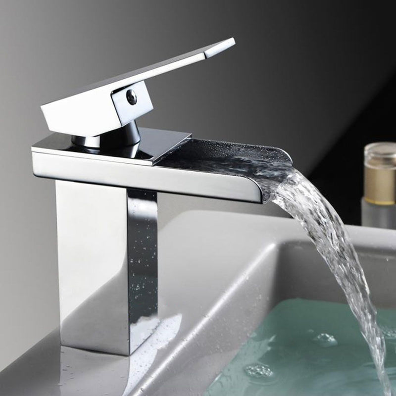 Bathroom Waterfall Basin Sink Faucet Square Hot Cold Water Mixer Tap Chrome
