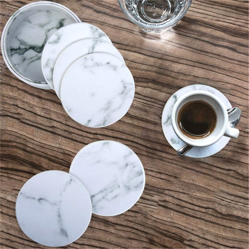 6Pcs Marble Cup Coaster Round Leather Heat Insulation Mat for Kitchen Table Home