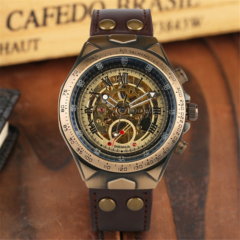 SHENHUA Brand Genuine Bronze Belt Waterproof Skeleton Men Luxury Mechanical Watch Automatic Wrist Watches
