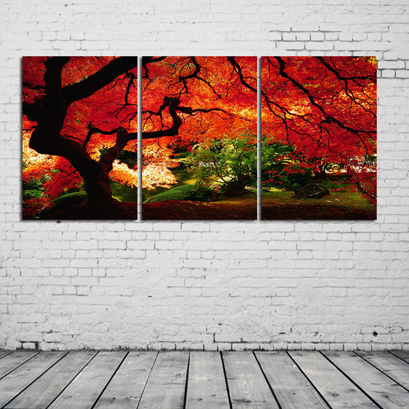 Miico Hand Painted Three Combination Decorative Paintings Maple Tree Wall Art For Home Decoration