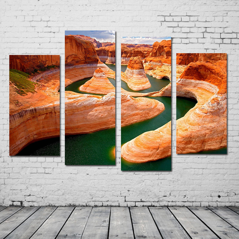 Miico Hand Painted Four Combination Decorative Paintings Canyon River Wall Art For Home Decoration