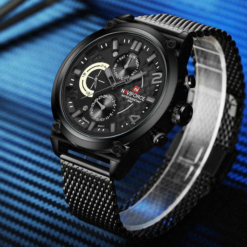 NAVIFORCE 9068 Stainless Steel Strap Quartz Watches Waterproof Week Display Men Watch