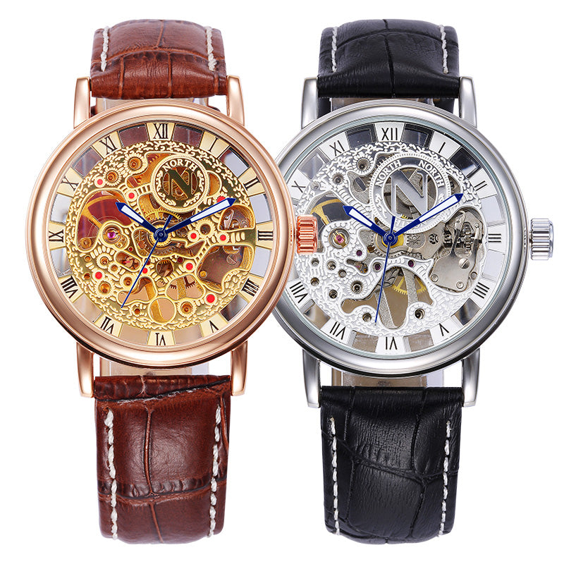 NORTH 1218 Waterproof Skeleton Men's Wrist Watch Gold Case Skeleton Hand Wind Mechanical Watches
