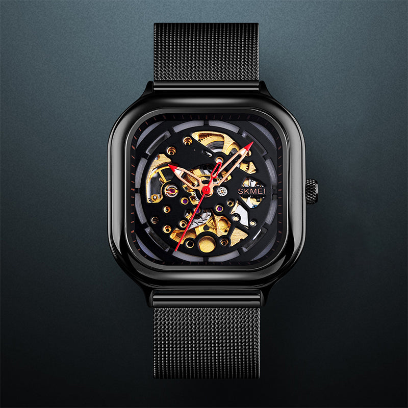 SKMEI 9184 Fashion Men Automatic Watch Waterproof Hollow Art Stainless Steel Strap Mechanical Watch