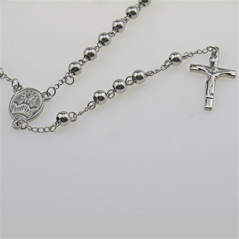 4/5/6/8mm Silver Tone Crossed Pendant Stainless Steel Bead Chain Jesus Christ Rosary Long Necklace Mens Womens Jewelry