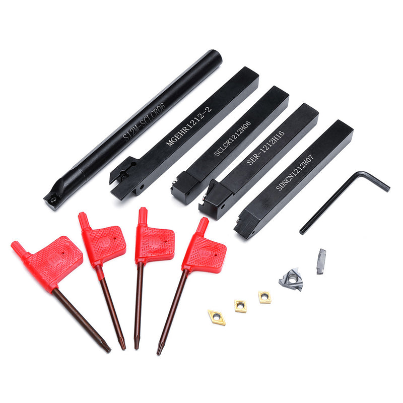 5pcs 12mm Shank Turning Tool Holder Set with Inserts Blade Wrench for Bench Lathe CNC