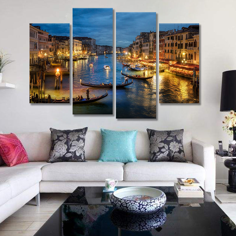 Miico Hand Painted Four Combination Decorative Paintings Night in Venice Wall Art For Home Decoration