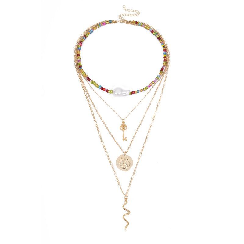Trendy Geometric Key Snake Pendant Chain Necklace Multi-layer Color Rice Beaded Pearl Necklace