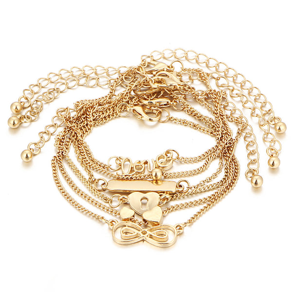 6 Pcs/Set Trendy Heart Shape Lucky Chain Love Gold Color Anklet Jewelry for Women