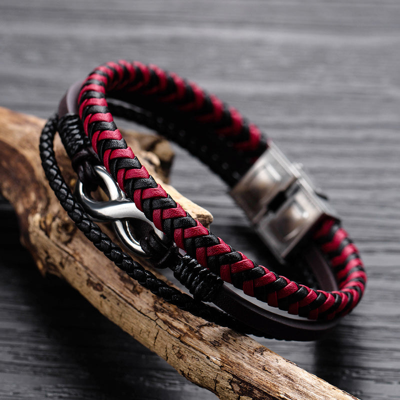 Leather Woven Titanium Steel Red And Black Color Leather Male Bracelet