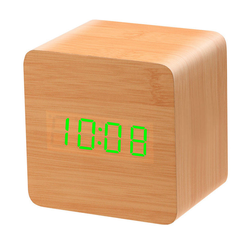 Voice Activated Electronic LED Display Wooden Alarm Clock Temp Display Power Off Memory Function