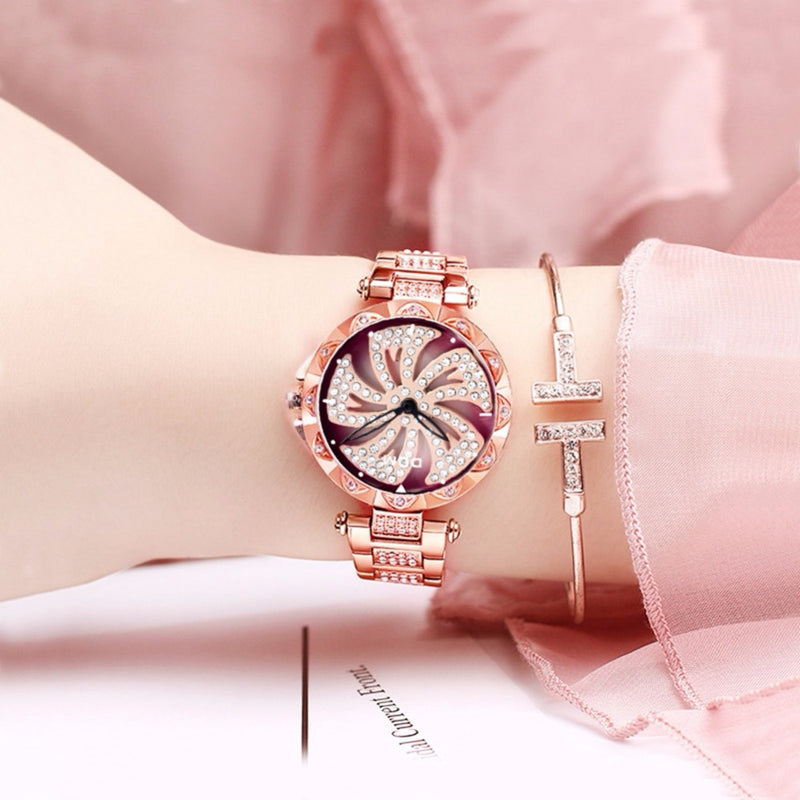 DOM G-1258 Rotating Ladies Wrist Watch Shining Fashionable Full Steel Quartz Watches