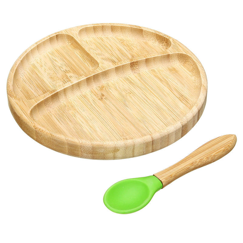 Baby Bamboo Suction Bowl Plate and Matching Spoon Set Kids Put Feeding Bowl