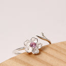 925 Sterling Silver Women Ring Purple Rhinestone Flower Charm Adjustable Open Ring for Women