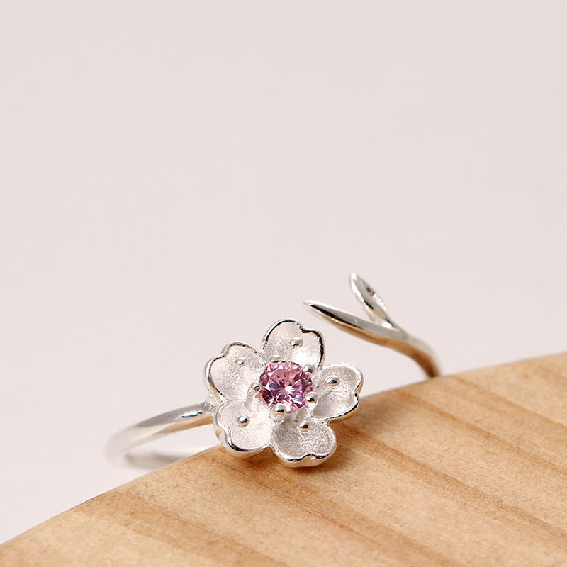 925 Sterling Silver Women Ring Purple Rhinestone Flower Charm Adjustable Open Ring for Women