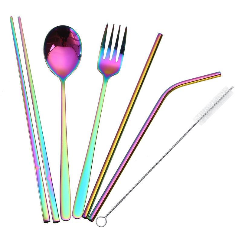 5 Pieces Portable Spoon Chopsticks Set Reusable Stainless Steel Spoon Chopsticks Straw Set