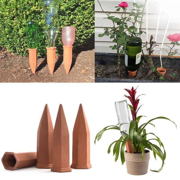 4Pcs/Set Modern Terracotta Clay Plant Watering Stakes Automatic Watering Spikes Long Neck Bottle Watering Device Drip Irrigation for Home Vacation
