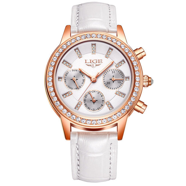 LIGE 9812 Elegant Design Date Display Ladies Wrist Watch Diamonds Leather Band Quartz Watches