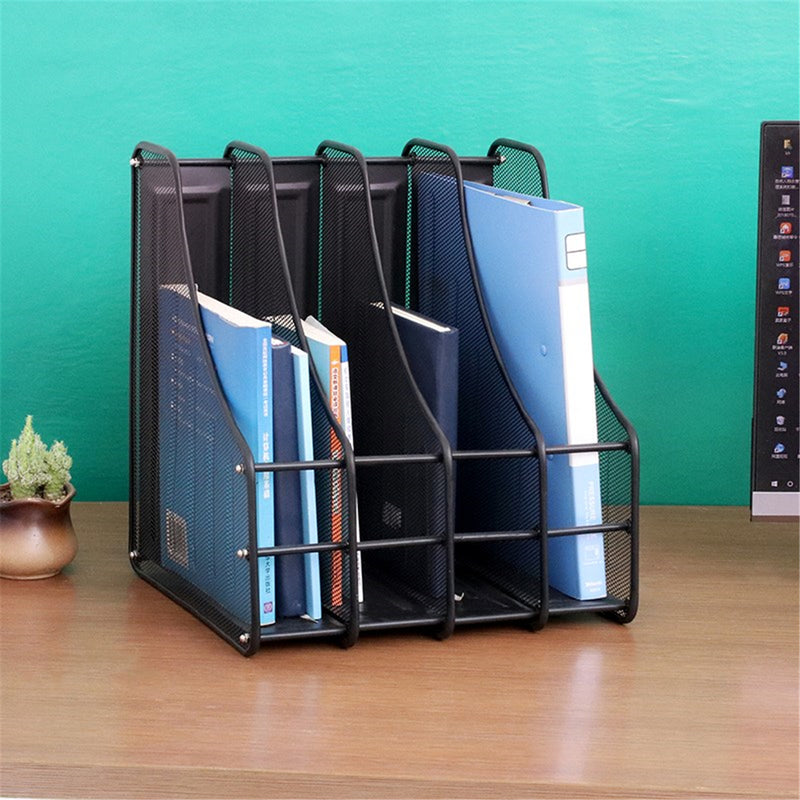 4 Slots Metal File Holder Magazine Book File Organizer Stand Rack Office Desktop Anti-rust File Storage Tools