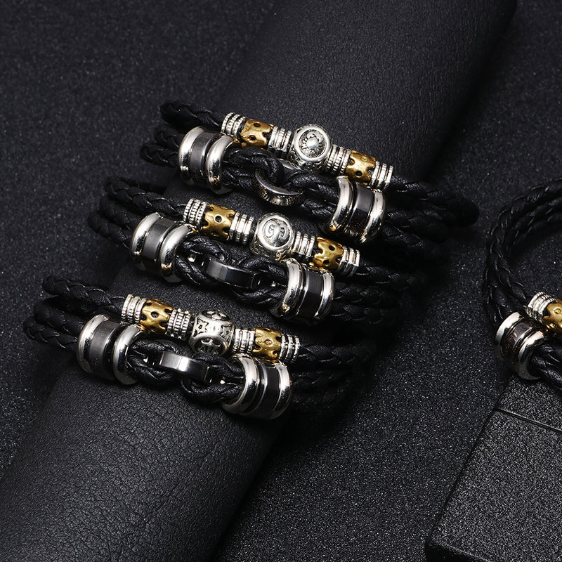 12 Constellation Stainless Steel Buckle Cowhide Leather Rope Woven Men's Bracelet