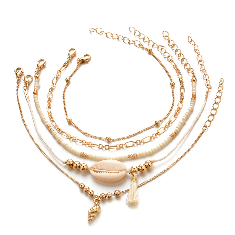 5 Pcs Bohemian Multilayer Gold Bracelet Set Shell Conch Bead Chain Charm Bracelet for Women