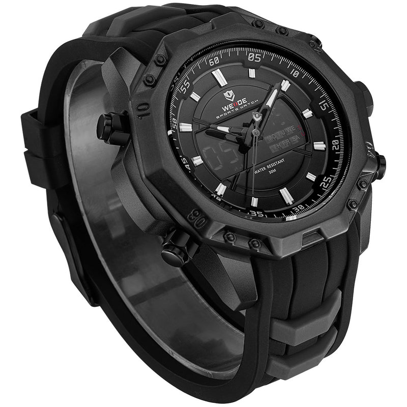 WEIDE 6406 Dual Display Digital Watch Calendar Alarm Luminous Watch Black Case Men Sport Watch