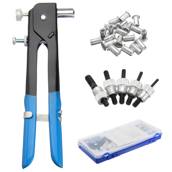 Pop Riveter Gun Rivet Hand Tool Set Kit with 100Pcs Nut Inserts + 5Pcs Mandrels & Box