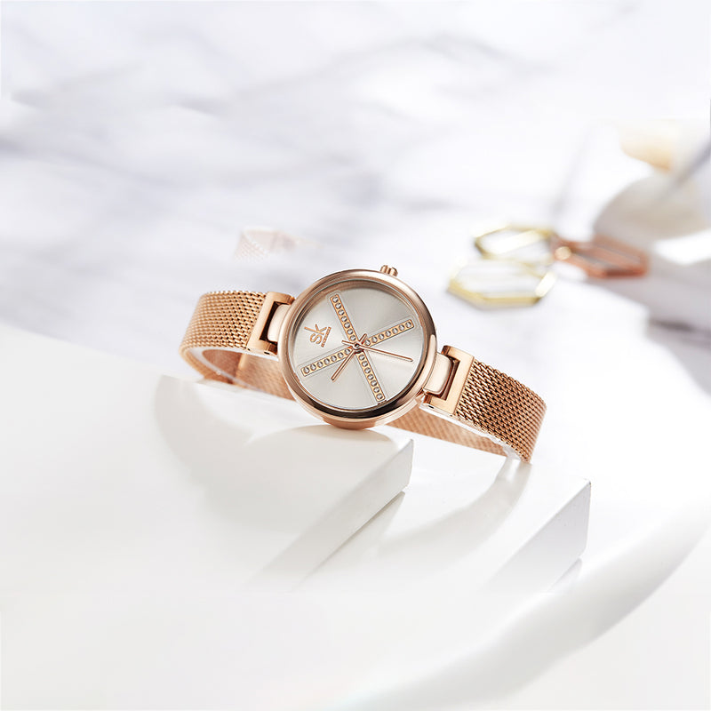 SHENGKE SK K0102 Crystal X Pattern Full Steel Strap Women Business Quartz Watch