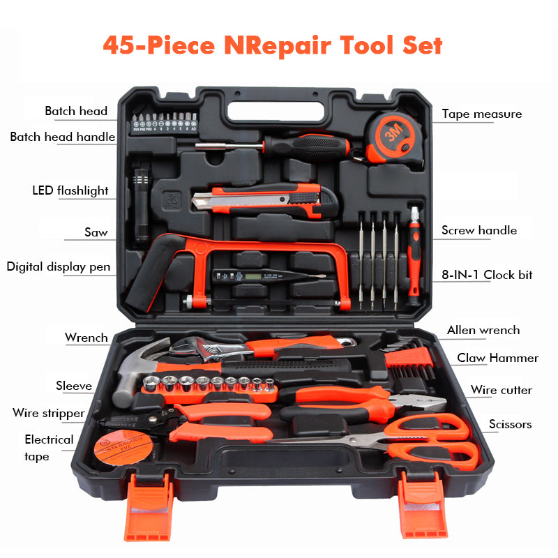 HB New 45 Pcs Household Hand Tool Set Wood Working Tools Plastic Toolbox Storage Case Hand Tool Set G eneral Tools Kit