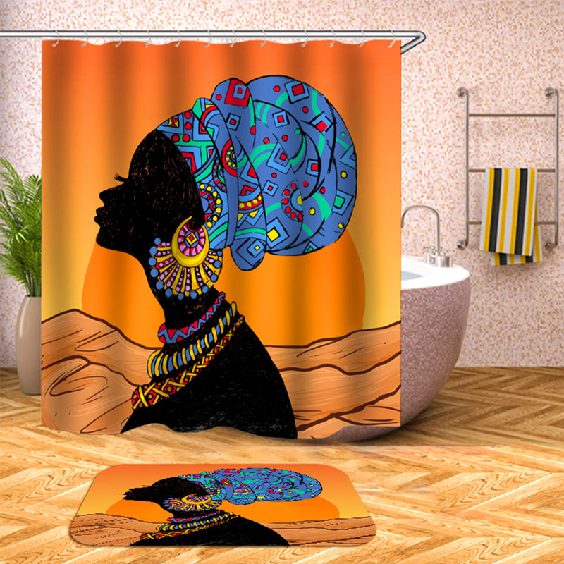 Waterproof African Baotou Woman Shower Curtains with 12 Hooks Bathroom Toilet Rug Mat Set