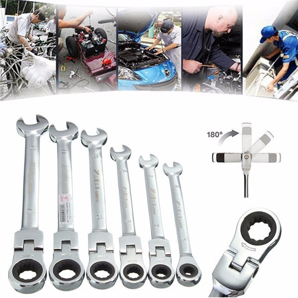 DANIU 6pcs a Set 6mm-12mm Flexible Pivoting Head Ratchet Combination Spanner Wrench Garage Metric Tool