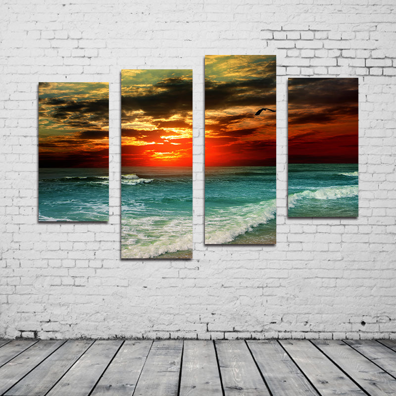 Miico Hand Painted Four Combination Decorative Paintings Beach Sunset Wall Art For Home Decoration