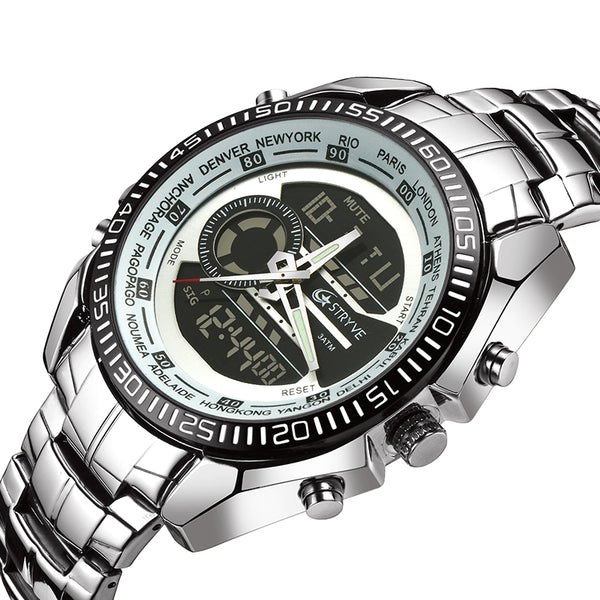 STRYVE S8016 Stainless Steel Calendar Stopwatch Chrono Alarm LED Dual Display Digital Watch