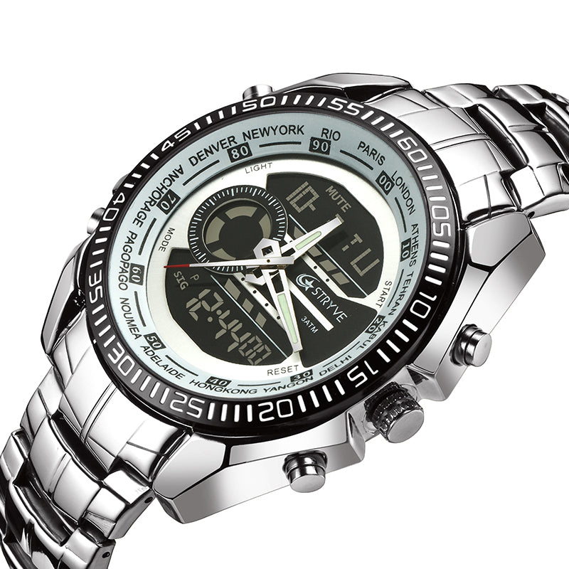STRYVE S8016 Stainless Steel Calendar Stopwatch Chrono Alarm LED Dual Display Digital Watch