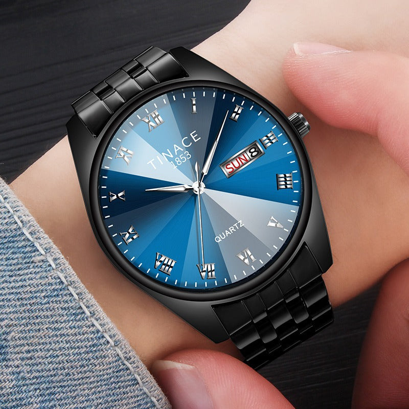 TINACE Men Luminous Display Fashion Blue Black Dial Day Week Display Stainless Steel Quartz Watch