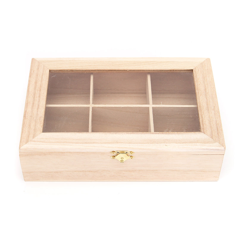 6 Compartments Wooden Tea Bag Box Kitchen Spice Display Storage Chest Essential Oil Container