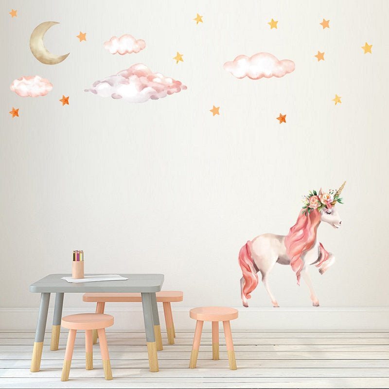 Pink Horse Cloudy Sky Wall Stickers Romantic Lovely Diy Sticker Moon Star Wall Sticker